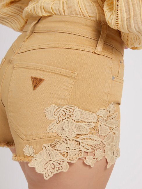 Guess Short En Jean Détails Dentelle Beige