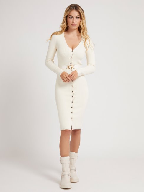 Guess Robe Ceinturée Cardigan Blanc
