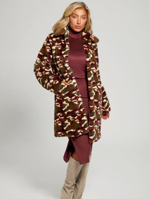Guess Manteau Fausse Fourrure Camouflage Bordeaux