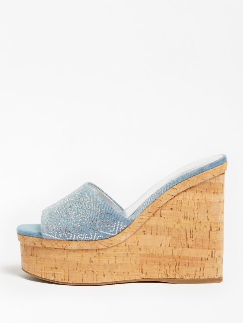 Catiae Mule Compensée Denim Strass Bleu Guess