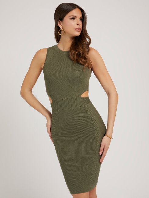 Robe Côtelée Verte à Découpes Guess