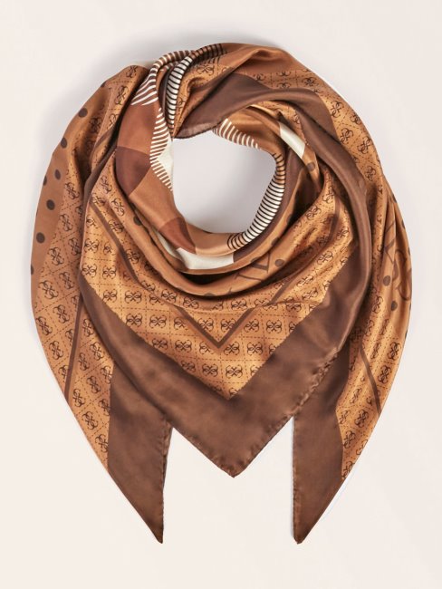 Foulard En Soie Motif Géométrique Marron Guess