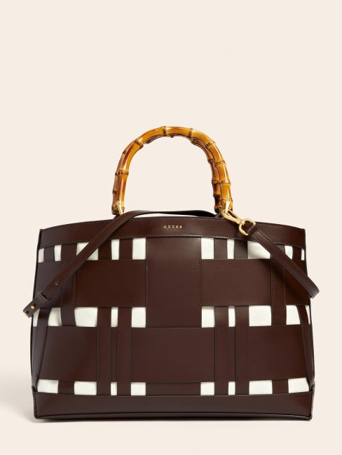 Sac à Main Guess En Cuir Véritable Tissé Aida Marron