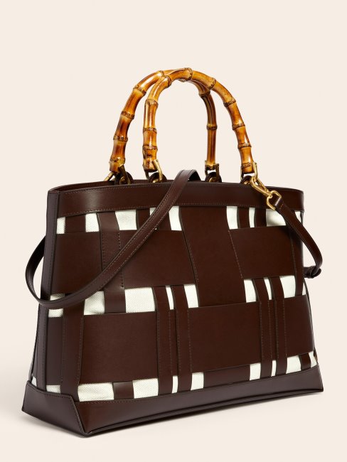 Sac à Main Guess En Cuir Véritable Tissé Aida Marron