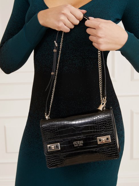 Katey Sac à Bandoulière Imprimé Croco Noir Guess