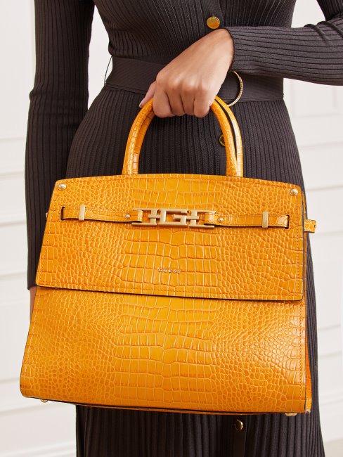 Guess Megan Luxe Sac à Main En Cuir Véritable Orange