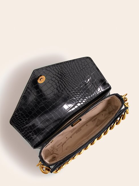 Guess Retour Mini Sac à Main Imprimé Croco Noir