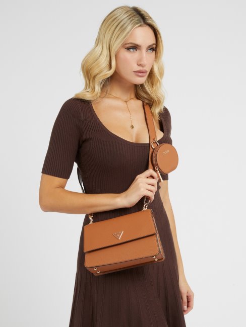 Mini Sac à Bandoulière Guess Alexie En Saffiano Marron