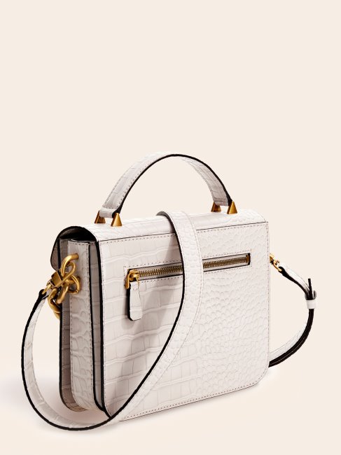 Guess Retour Mini Sac à Main Imprimé Croco Blanc