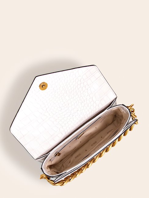 Guess Retour Mini Sac à Main Imprimé Croco Blanc