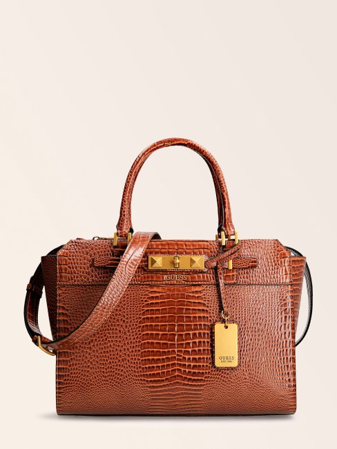 Sac à Main En Raphie Marron Imprimé Croco Guess