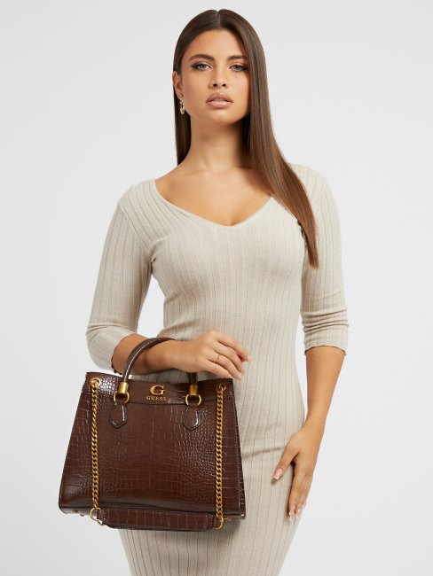 Guess Nell Sac à Bandoulière Imprimé Croco Marron
