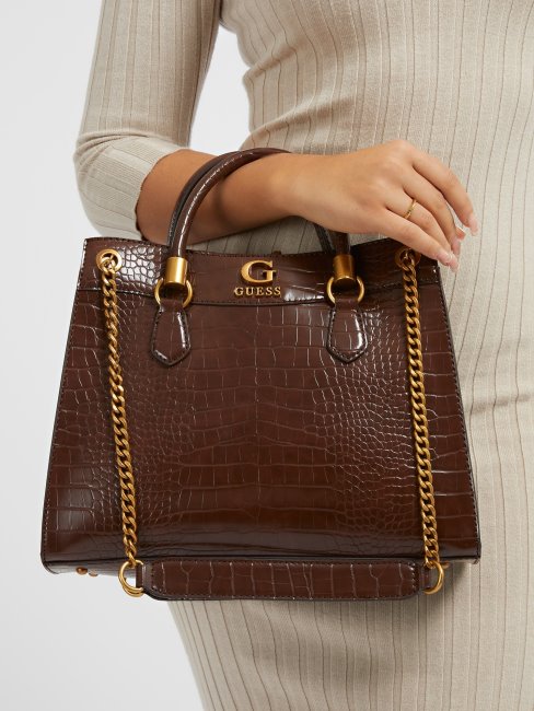 Guess Nell Sac à Bandoulière Imprimé Croco Marron
