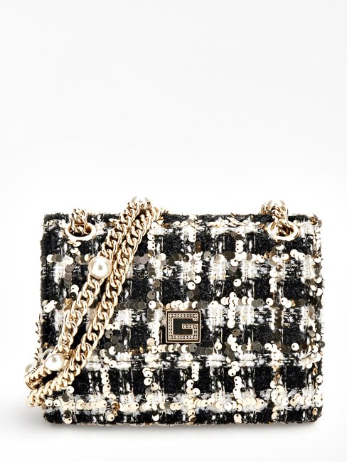 Guess Ever Mini Sac à Bandoulière En Tweed à Sequins Noir
