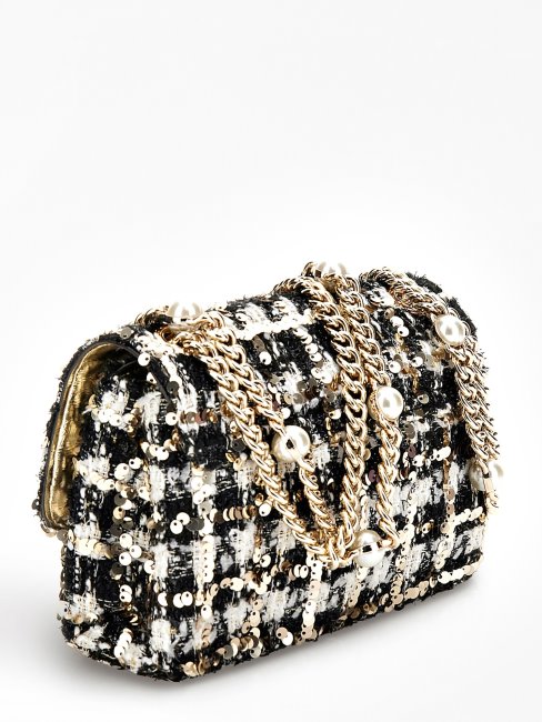 Guess Ever Mini Sac à Bandoulière En Tweed à Sequins Noir