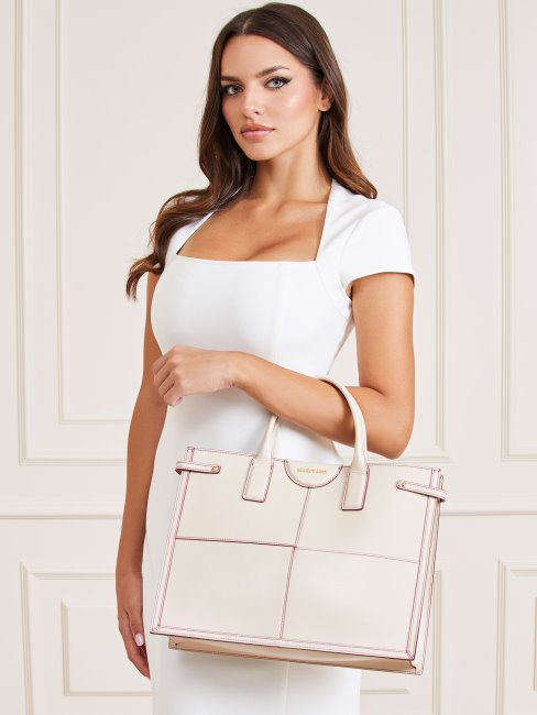 Stilla Shopper En Cuir Véritable Blanc Guess
