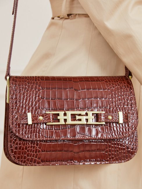 Cristina Sac à Bandoulière En Cuir Véritable Guess Marron