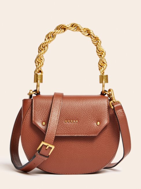 Mini Sac à Main Guess En Cuir Véritable Aida Marron