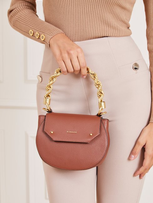 Mini Sac à Main Guess En Cuir Véritable Aida Marron