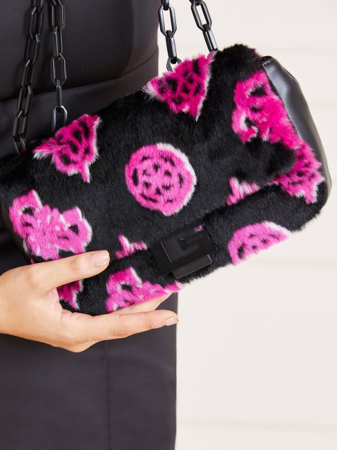 Guess Noir Multi Helma Sac à Bandoulière En Fausse Fourrure