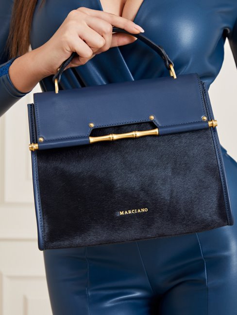 Guess Alia Sac à Main En Cuir Véritable Bleu Foncé