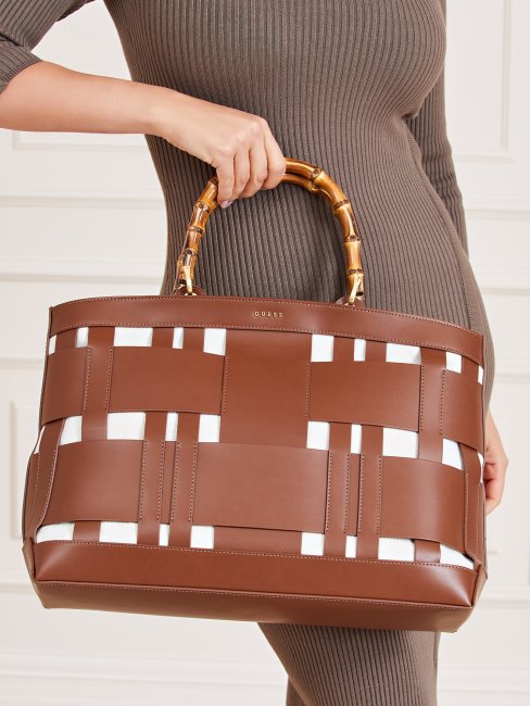 Sac à Main Guess Marron En Cuir Véritable Tissé Aida