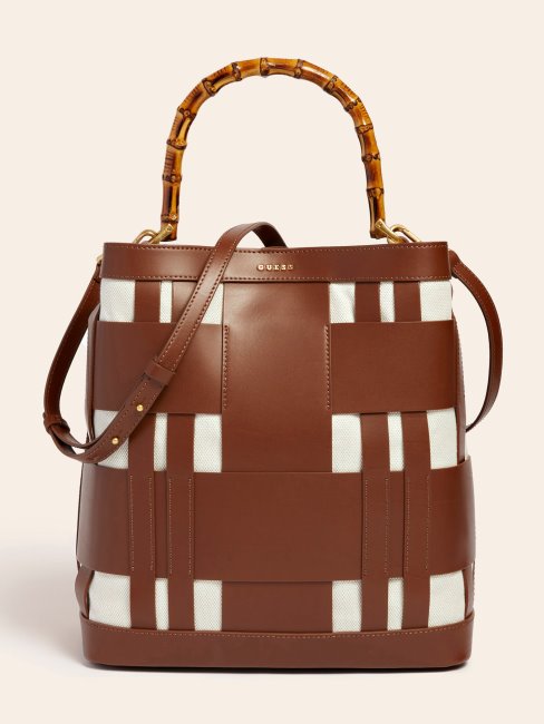 Sac Hobo En Cuir Véritable Marron Tissé Aida Guess