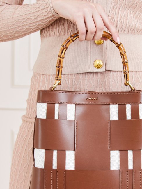 Sac Hobo En Cuir Véritable Marron Tissé Aida Guess