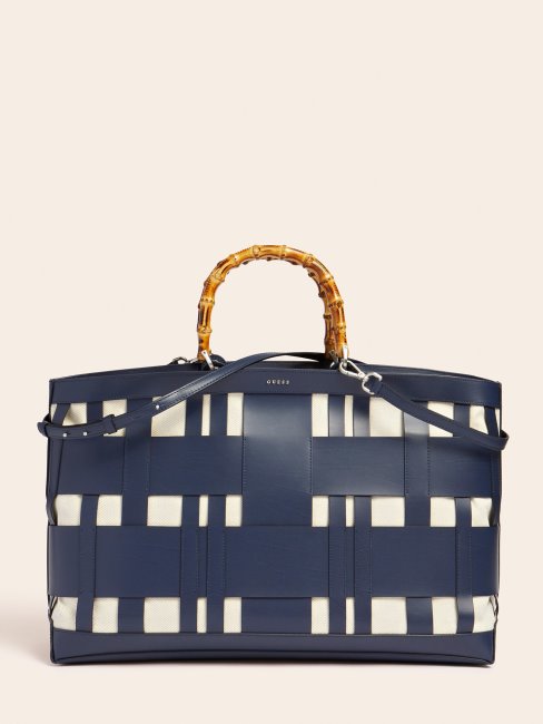 Guess Aida Sac à Main En Cuir Véritable Tissé Bleu