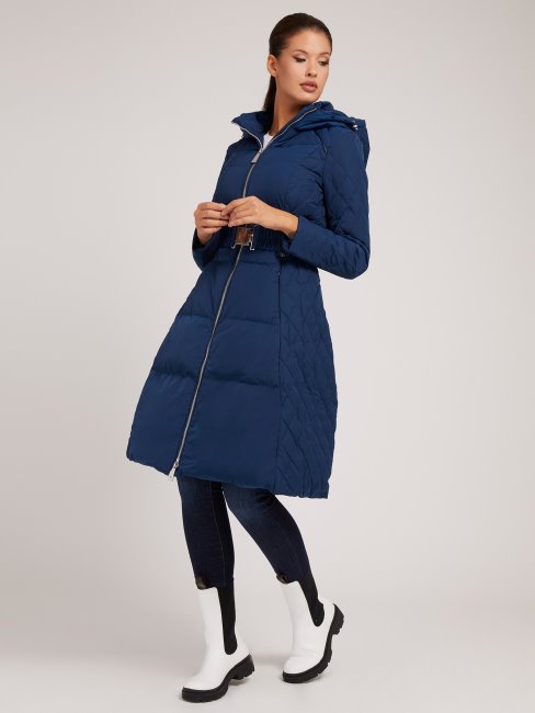 Guess Doudoune Ceinturée En Couette Véritable Bleu