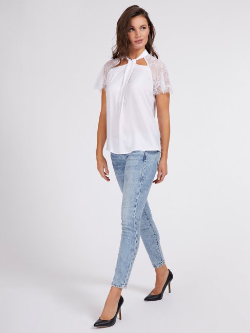Top En Satin Avec Empiècement En Dentelle Blanc Guess
