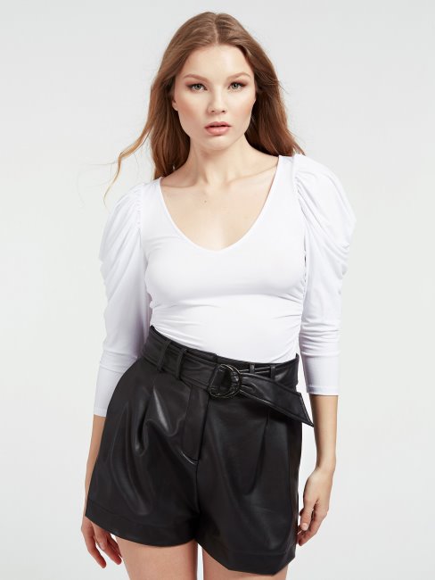 Top Blanc Guess Manches Trois Quarts épaules Froncées