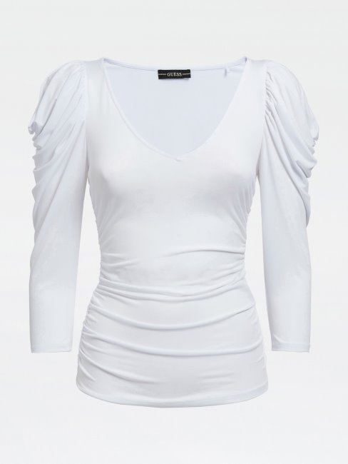 Top Blanc Guess Manches Trois Quarts épaules Froncées