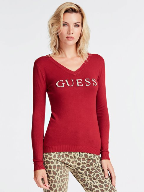 Pull Avec Logo En Strass Devant Guess Rouge
