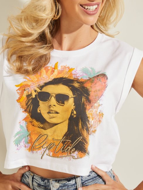 T-shirt Court Imprimé Devant Guess Blanc