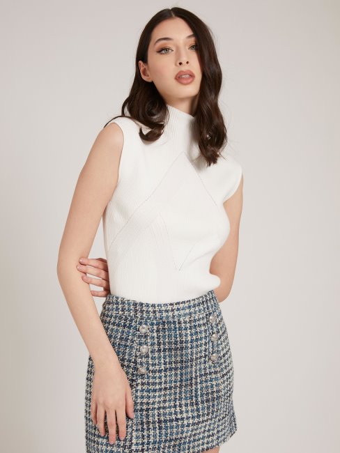 Pull Guess Côtelé Col Roulé Blanc