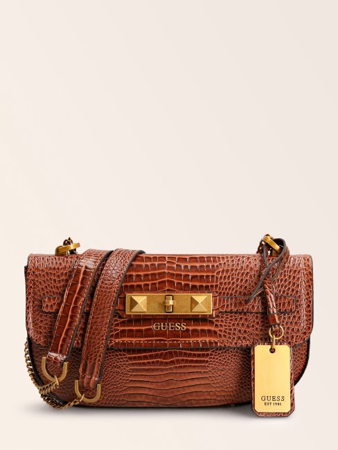 Guess Sac à Bandoulière Raphie Imprimé Croco Marron