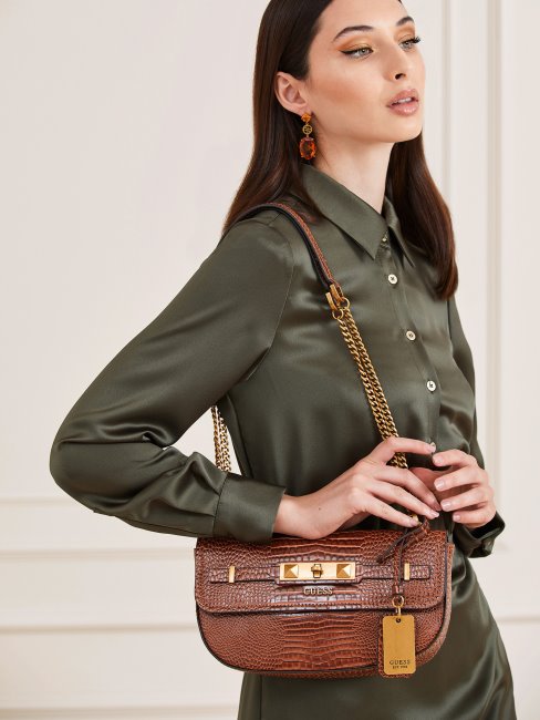 Guess Sac à Bandoulière Raphie Imprimé Croco Marron
