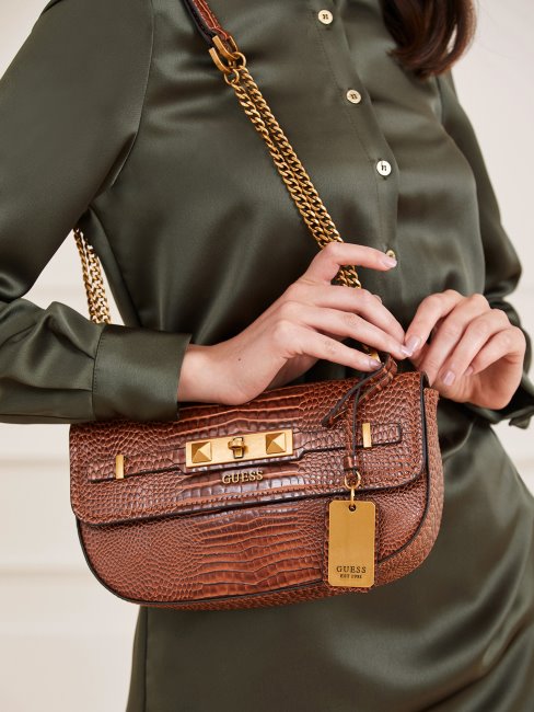 Guess Sac à Bandoulière Raphie Imprimé Croco Marron