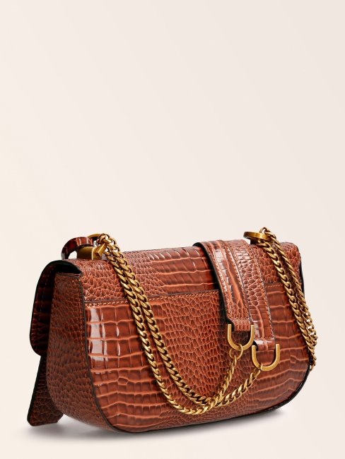 Guess Sac à Bandoulière Raphie Imprimé Croco Marron
