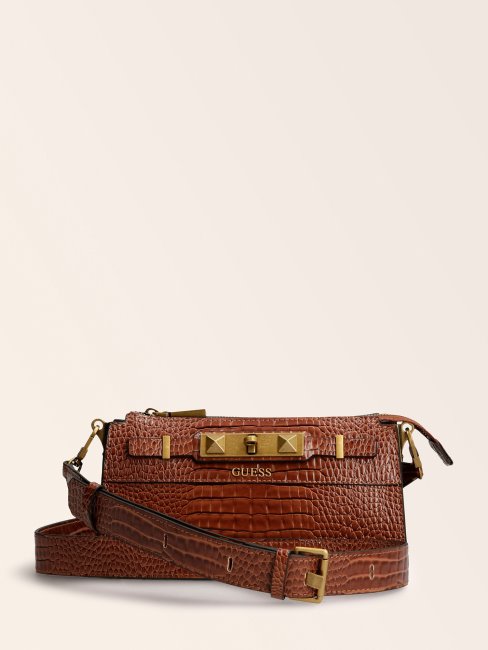 Guess Mini Sac à Bandoulière Raphie Imprimé Croco Marron