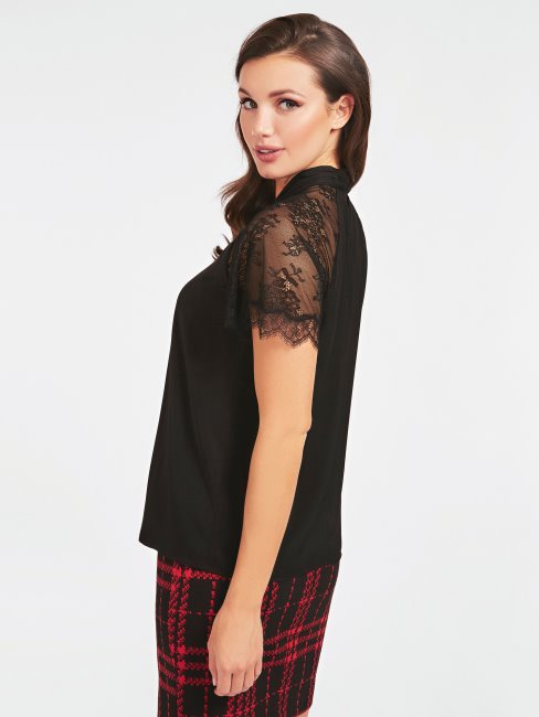 Top En Satin Noir Avec Empiècement En Dentelle Guess