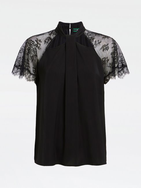 Top En Satin Noir Avec Empiècement En Dentelle Guess