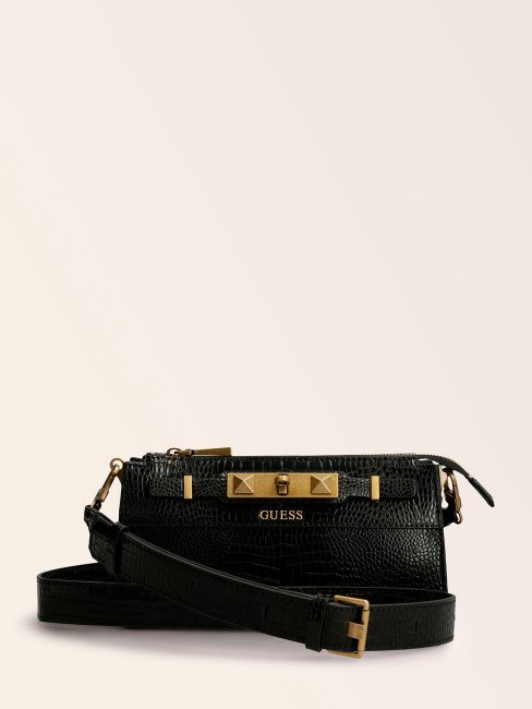 Guess Mini Sac à Bandoulière Raphie Imprimé Croco Noir
