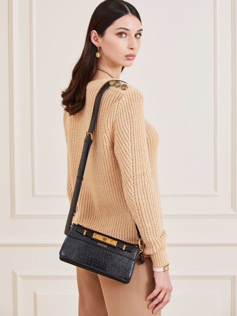 Guess Mini Sac à Bandoulière Raphie Imprimé Croco Noir