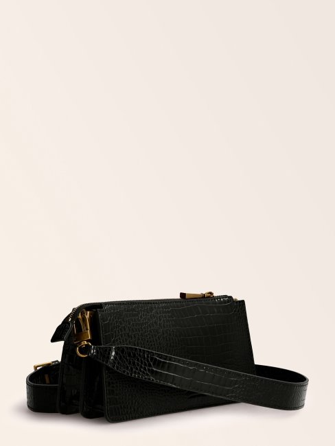 Guess Mini Sac à Bandoulière Raphie Imprimé Croco Noir