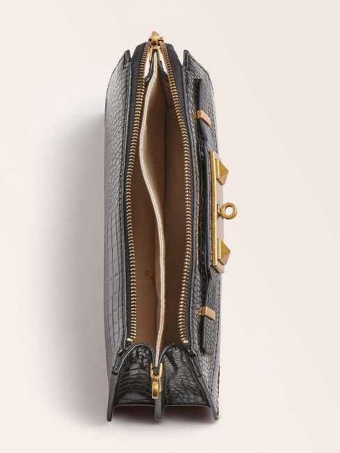 Guess Mini Sac à Bandoulière Raphie Imprimé Croco Noir