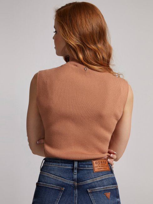 Pull Col Roulé Côtelé Beige Guess