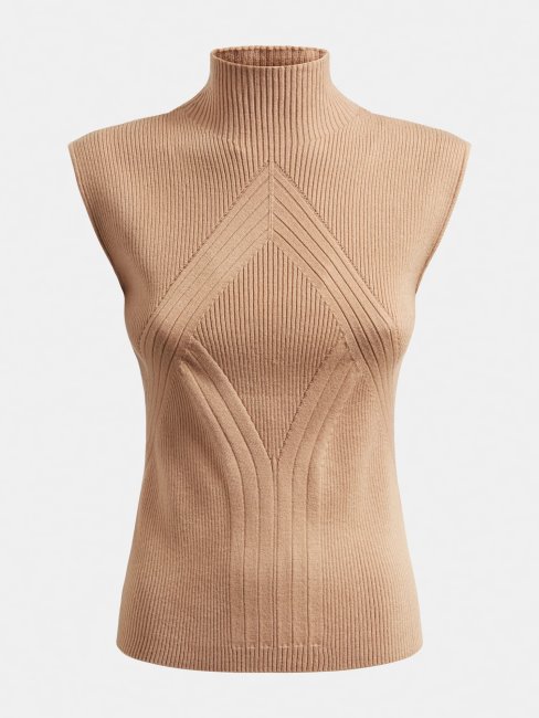 Pull Col Roulé Côtelé Beige Guess