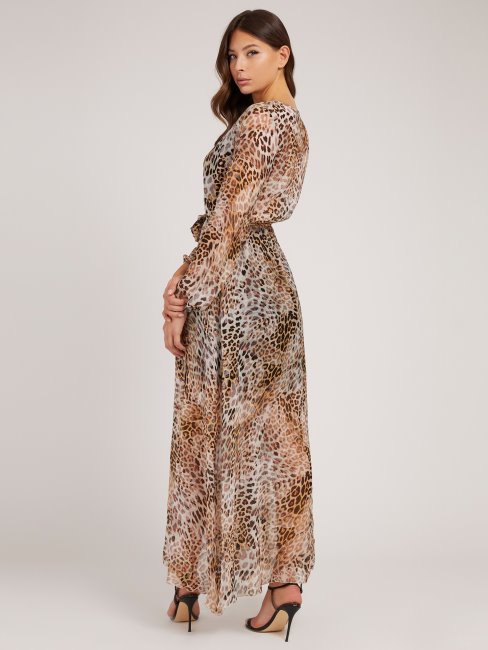 Animalier Guess Robe Longue En Soie Mélangée